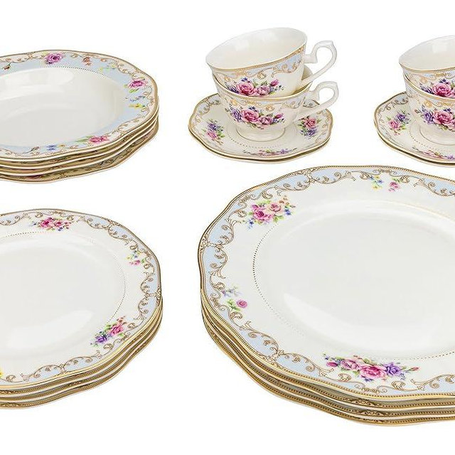 Majestic Porcelain 6417, 24K Gold-Plated Dinnerware Set, Dinner Service for Four, 20-Piece Set: 4 Dinner Plates, 4 Soup Plates, 4 Dessert Plates, 4 Tea Cups with 4 Saucers