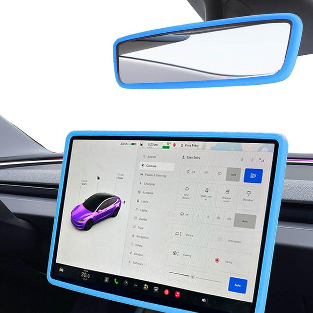 Yeapop 2Pcs Silicone Protector Frames of Screen and Rear View Mirror for Tesla Model 3 2024 Highland and Model Y 2025 Juniper. (Blue)
