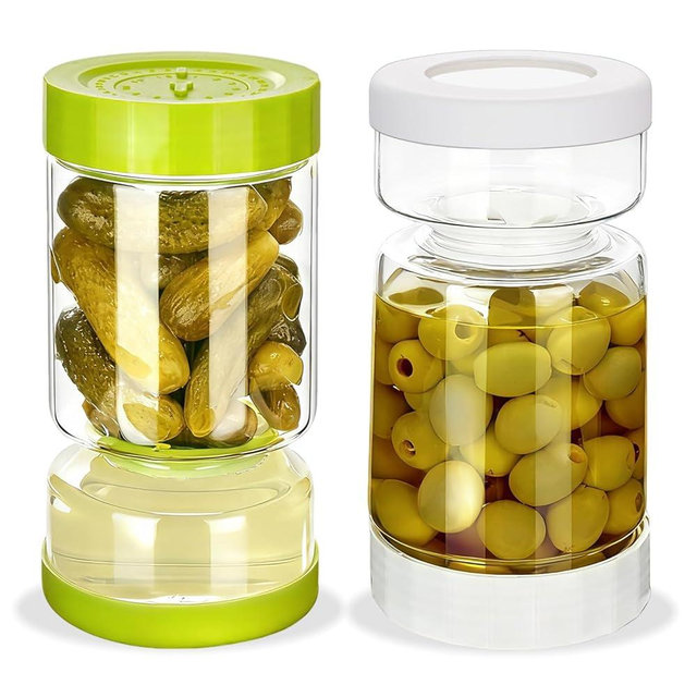 ZENS Pickle Jar with Strainer Flip, Pickle Juice Separator Jar Flip Container from Wet and Dry, Upgraded Airtight Seal for Leakproof, 2 Pack Olive Hourglass Jars with Time Tracker Lid, 37oz