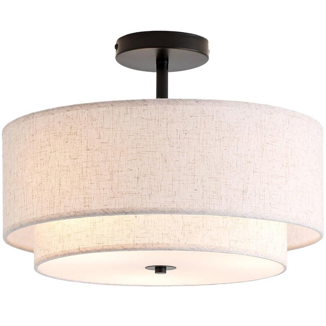 CALOKES 16" Double Drum 3-Light Semi Flush Mount Ceiling Light, Classic Fabric Linen Shade Design for Living Room, Bedroom, Kitchen, Dining Room, Hallway and Entryway