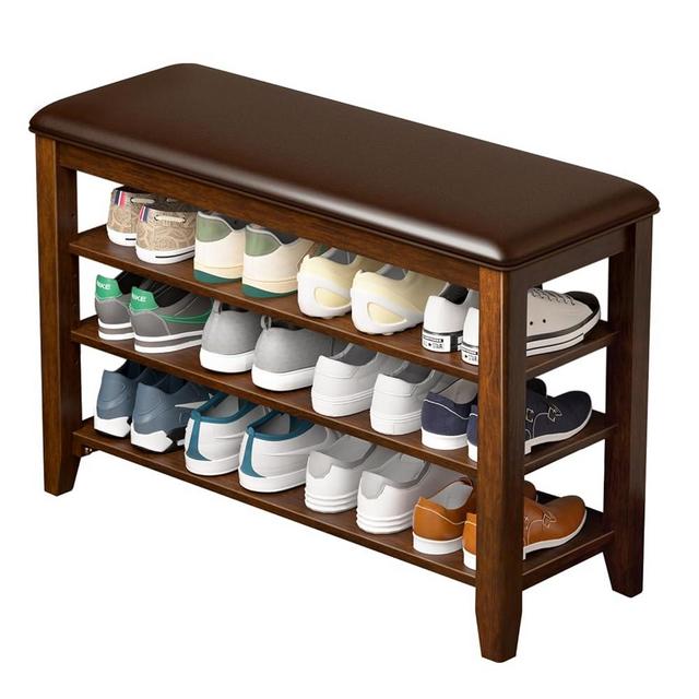 Entryway Shoe Storage Bench with Leather Cushion, Shoe Organizer Bench for Entryway, Ideal for Hallways Front Doors Entrances Mudrooms Featuring Rubberwood And 3 Height-Adjustable and Removable Shelve
