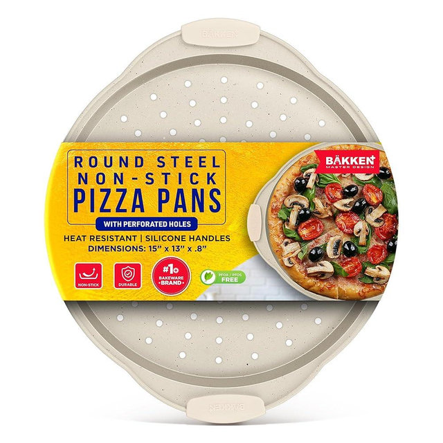 Bakken Pizza Baking Pan - Round Perforated Carbon Steel Pan with Non-Stick Marble Coating, Oversized Silicone Handle, Dishwasher Safe, High-Temperature Resistant, Durable, and Easy Cleanup White