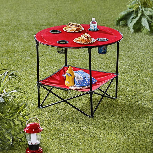Portable Folding Picnic Table with Bench Storage for Tailgating - Red