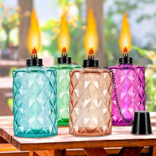TaoTazon Glass Table Top Torch, Outdoor Torch Canisters 12 oz,Refill Canister with Wicks and Covers, Patio Metal Torch for Luau Party, DIY Garden Decor (4 Packs)