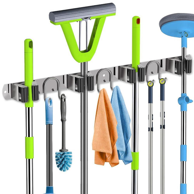 GUUKAR Mop Broom Holder Wall Mount, Silver Stainless Steel Tool Storage Organizer for Kitchen Garden Garage Laundry Room Bathroom and RV with 4 Slots 6 Hooks