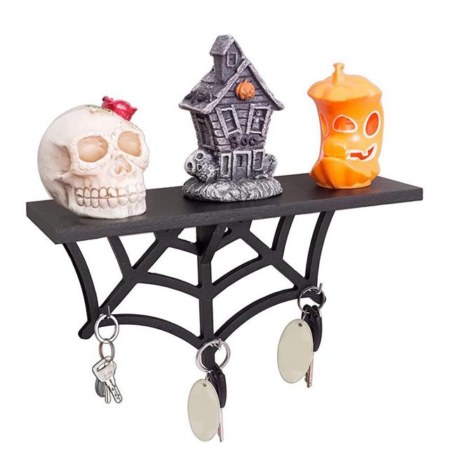 CEFRECO Spider Web Floating Shelf - Gothic Halloween Key Holder With Hanging Hooks for Keys, Mugs and Jewelry - Spooky Goth Wall Decor For Kitchen, Bedroom and Home - Black