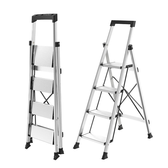 HBtower Aluminum Step Ladder, Lightweight Ladders for Home with Tool Tray, Anti-Slip Folding Step Stool for Adults, Strudy Portable 330LBS Safety for House Outdoor Work