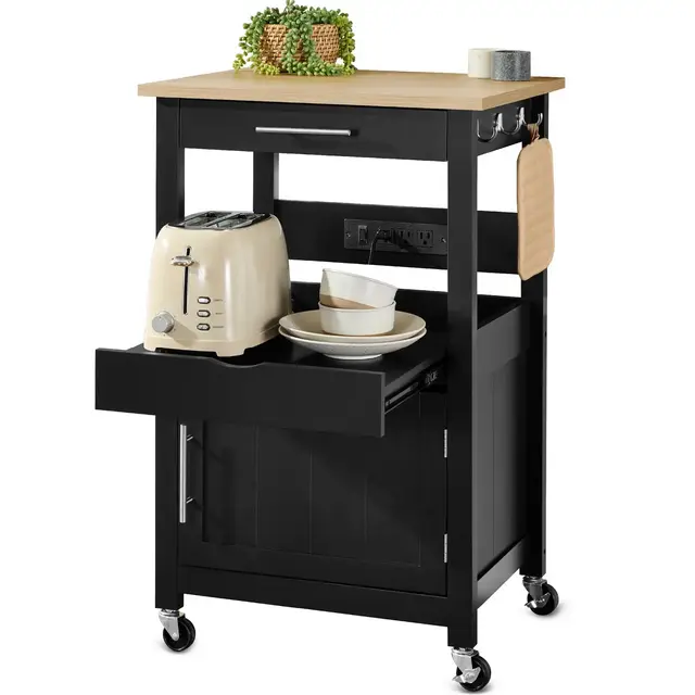Best Choice Products Rolling Kitchen Island Cart, Single Door Cabinet w/ Drawer, Sliding Tray, Outlet - Onyx Black