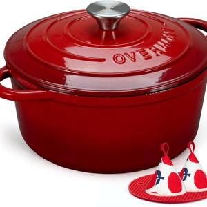 Cherry Red Overmont 5.5QT Enameled Cast Iron Dutch Oven with Lid Cookbook Heavy-Duty Casserole with Dual handles for Braising, Stews, Roasting, Sourdough Baking