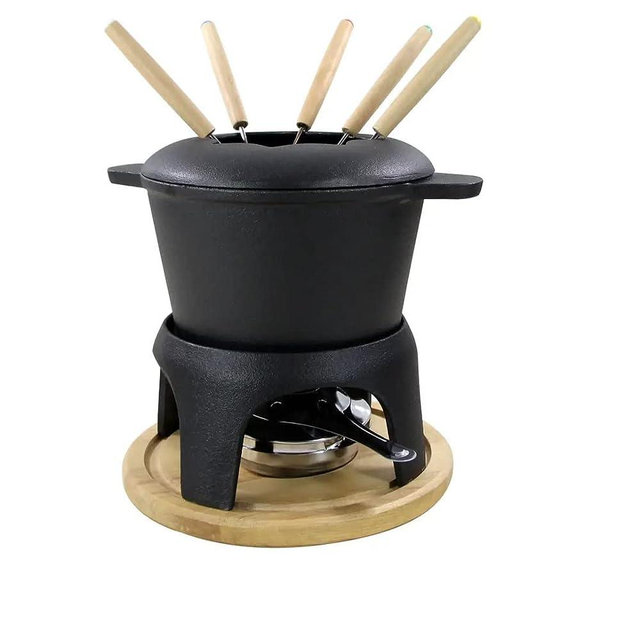 Traditional Fondue Set Matte black enameled cast iron fondue for Taditional swiss fondue 12 pcs fondue pot. for Meat, Chocolate & Cheese, Cast Iron Chocolate Fondue Pot 6 Pers Iron cast iron pot