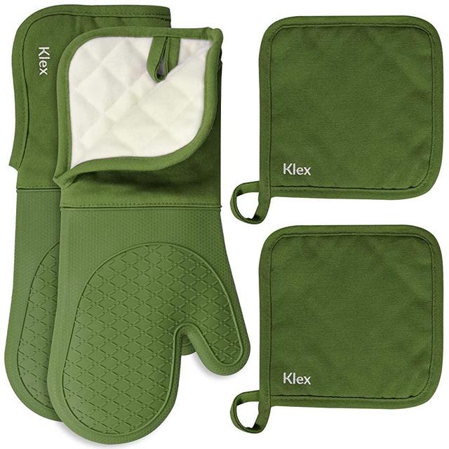 KLEX 4-Piece Set, 15" Silicone Oven Mitts with Comfortable Fleece Quilted Cotton Lining 932F Degrees Heat Resistance and Potholders for Cooking, Baking and Grilling, Green
