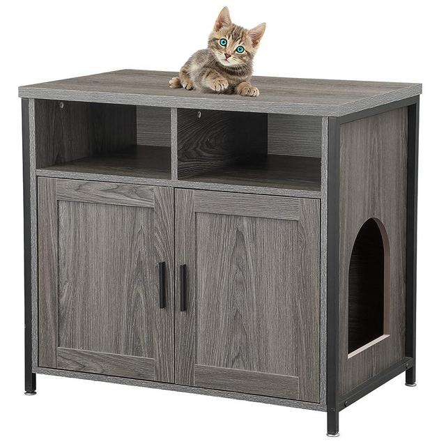 Cat Litter Box Enclosure Furniture, Hidden Cat Washroom Litter Storage Bench with Sturdy Wooden Structure and Double Door, Spacious Indoor Cat House for Kitty