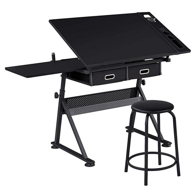 YAHEETECH Height Adjustable Drafting/Draft/Drawing Table Desk Tilted Tabletop Art Craft Diamond Paintings Work Station w/ 2 Storage Drawer and Stool Black