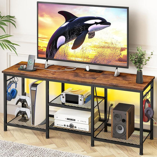 YGEOMER TV Stand Entertainment Center for 55 Inch TVs, with Charging Station and Lights Open Storage Shelves, TV Media Console, Open Storage Shelf with Sound Rack for Living Room, Rustic Brown