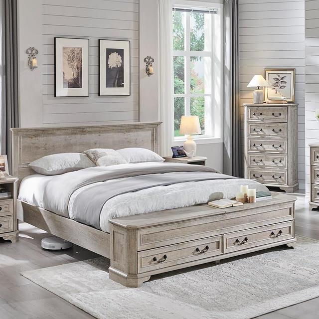 T4TREAM Farmhouse Queen Bed with Headboard and Storage Bench, Rustic Wood Platform Bed with 64" Storage Chest w/ 4 Large Storage Drawer, Light Rustic Oak