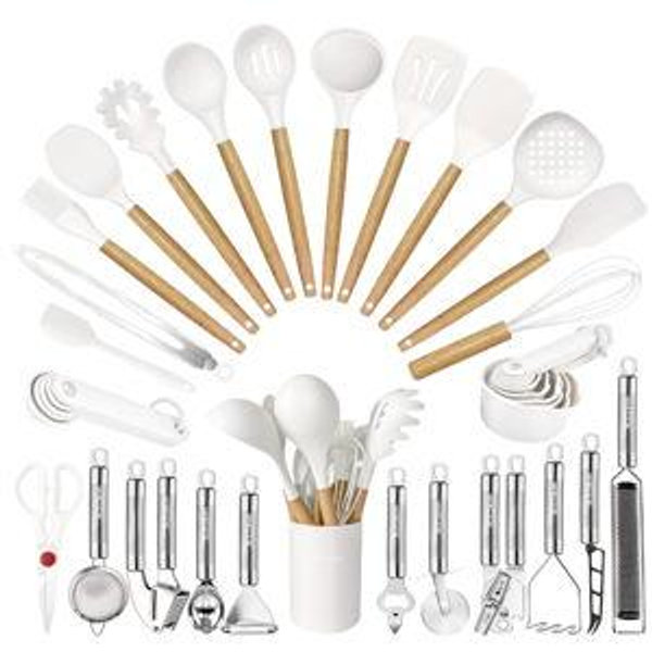 Cooking Utensils Set- 35 PCs Kitchen Utensils with Grater,Tongs, Spoon Spatula &Turner Made of Heat Resistant Food Grade Silicone and Wooden Handles Kitchen Gadgets Tools Set for Cookware