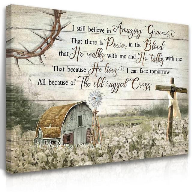 HDXUFJQ Christian Wall Art Barn Windmill Canvas Wall Decor Religious Cross Wall Art I Still Believe In Amazing Grace Picture Print Christian Prayer Decor Paintings Ready To Hang(16"x24")