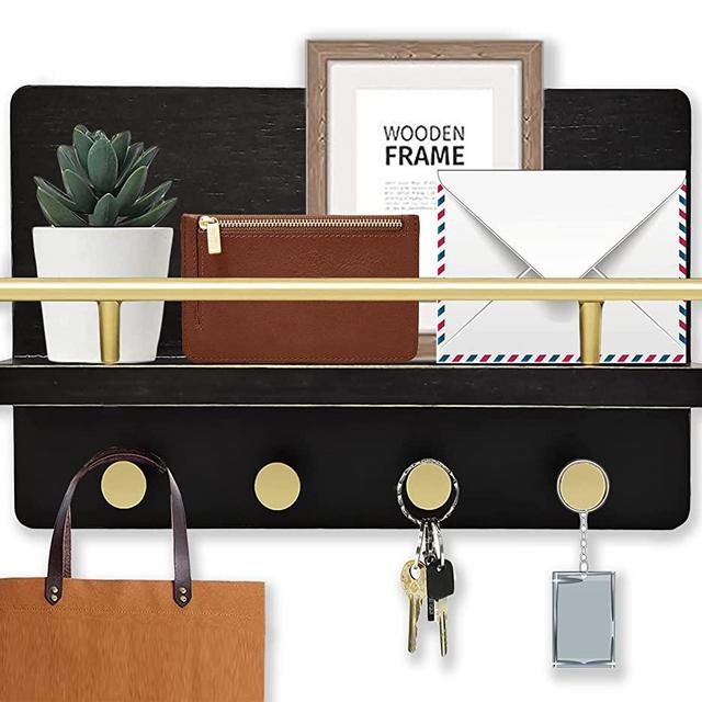 Mail Wall Organizer, Key Holder Farmhouse, Keychains Hanger 4 Hooks with Shelf, Dog Leash Hanger with Shelf, Wooden Bill Rack Mount for Coat Coupon Paper Coat Sorter for Entryway Decor -Rustic Black