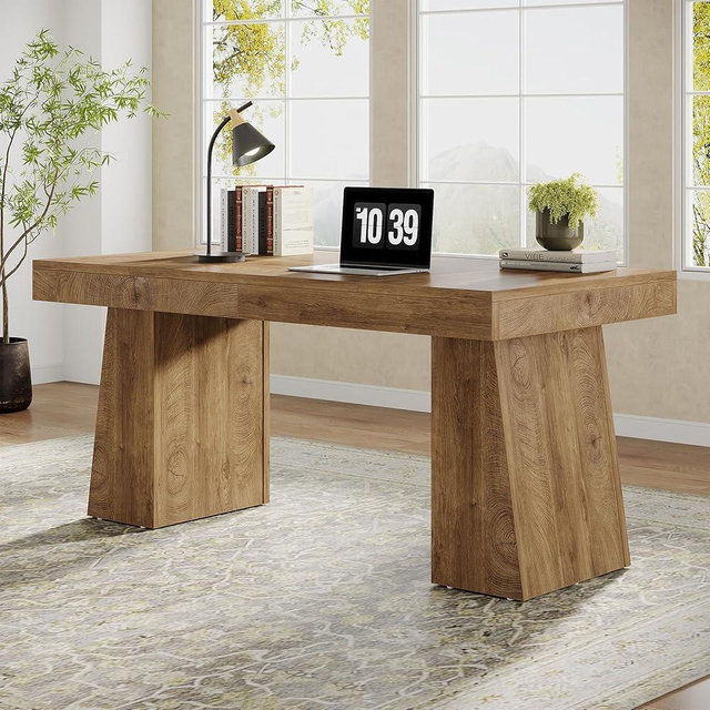 Tribesigns 55" Executive Desk, Wooden Office Desk with Double Pedestal, Modern Simple Computer Writing Table for Home Office, Light Brown
