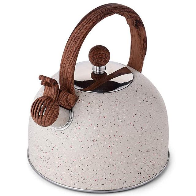 Tea Kettle - VONIKI 2.5 Quart Tea Kettles Stovetop Whistling Teapot Stainless Steel Tea Pots for Stove Top Whistle Tea Pot With Wood Pattern Anti-Hot Handle Teakettle White