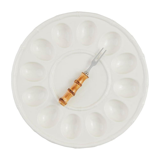 Mud Pie Bamboo Deviled Egg Tray; dish 12 1/2" dia | fork 5 1/2"