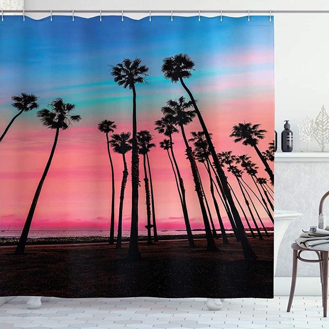 Ambesonne Palm Tree Shower Curtain, Tree Rows in Santa Barbara USA American Holiday Destination Dreamy Heaven Dawn, Cloth Fabric Bathroom Decor Set with Hooks, 70" Long, Pink Blue