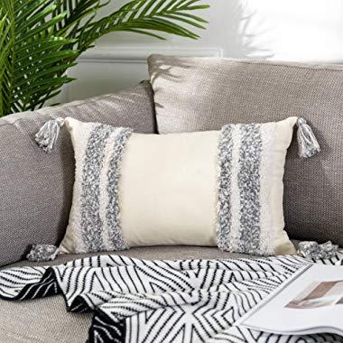 Decorative Boho Throw Pillow Covers, 100% 390g Cotton Canvas Fabric, Rectangle Pillow Sham with Tufted Tassels Bohemian Style Lumbar Pillowcases for Home Decoration (12 x 20 Inch/Grey)