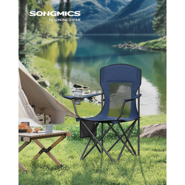Set of 2 Harbor Blue Camping Chairs - Foldable, high - backed with adjustable armrests and drink holders. Boasts 330 lb weight capacity