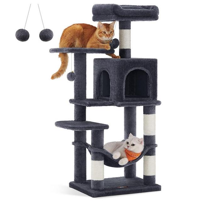 Feandrea Cat Tree, 44.1-Inch Cat Tower for Indoor Cats, Multi-Level Cat Condo with 4 Scratching Posts, 2 Perches, Hammock, Cave, Smoky Gray UPCT261G01