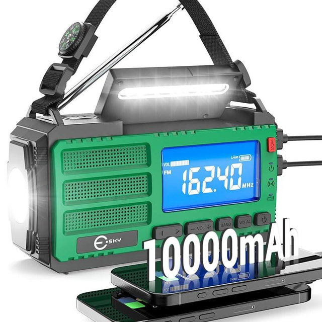 Esky 10000mAh Emergency Hand Crank Radio, AM/FM/NOAA Portable Weather Alert Radio with Flashlight, Solar Powered Rechargeable Radio with Compass Reading Lamp SOS Alarm, Outdoor Camping Survival Gear