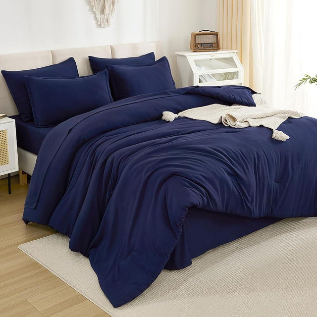 Litanika King Size Comforter Set Navy Blue - 7 Pieces Bed in a Bag King Beddding Comforter Sets, Solid Lightweight Bed Set with Comforter, Sheets, Pillowcases & Shams
