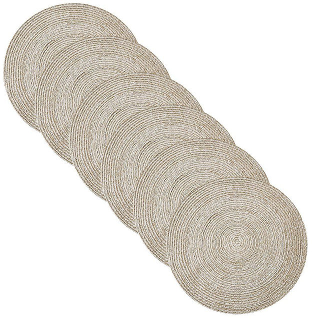 Round Placemats Set of 6-100% Cotton Two-Tone Placemat for Dining Table - Woven Braided Table Setting Place Mat - Washable Table Decor for Kitchen, Farmhouse, Rustic, Everyday Use, Eggshell