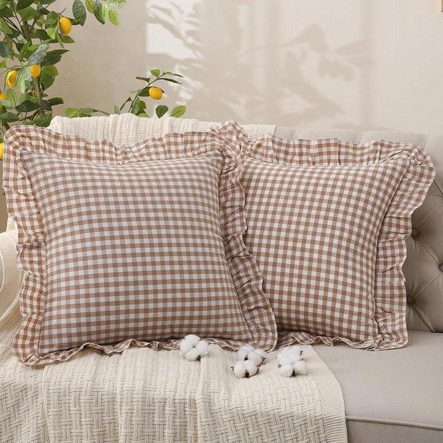 YHJWW Tan Gingham Throw Pillow Covers 100% Washed Cotton Like Linen Feel Soft Comfy Ruffle Farmhouse Fall Decorative Pillow Cases Sham Set of 2 for Couch Sofa Bed (20x20 Inches, Zipper Closure)