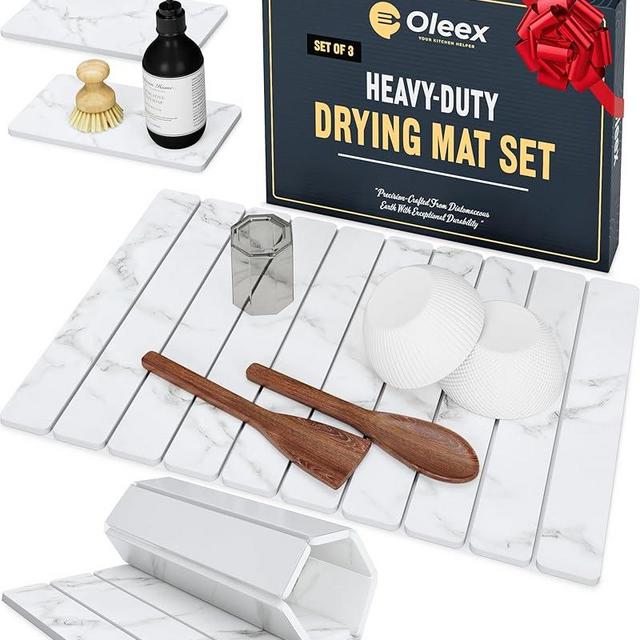 Oleex 3-Pack Stone Dish Drying Mat Set for Kitchen Counter-Collapsible Diatomaceous Earth Pad Absorbs Water & Dries Dishes Fast | Includes 1 Large 24”x16” & 2 Small 4”x9” Non-slip, Odor-Resistant Mats