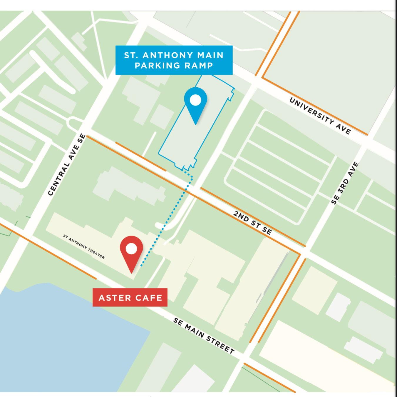 There are two options for parking:
(1)The orange lines on the map are areas where metered parking is available.
(2) You can park in the St. Anthony Main Parking Ramp. Its address is 201 2nd St SE. If you park in the parking ramp, please take the elevator down to LEVEL T. Once in the tunnel please follow the signs. The wedding is in the Aster Cafe ‘River Room’ which is next to Aster Cafe.