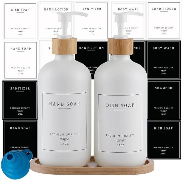 White Glass Soap Dispenser - Dish Soap Dispenser for Kitchen Sink and Hand Soap Dispenser Set, Soap Dispenser Bathroom with Sturdy Pump and Tray, 14 Waterproof Labels,Refillable Soap Dispenser-White