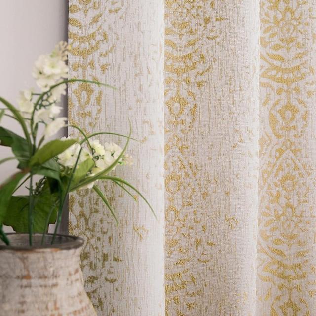 Mrs.Naturall Gold Yellow Semi Sheer Curtains 108 Inches Long for Living Room 2 Panel Set Damask Pattern Jacquard Luxury Drapes for Bedroom,52x108 Inch Length