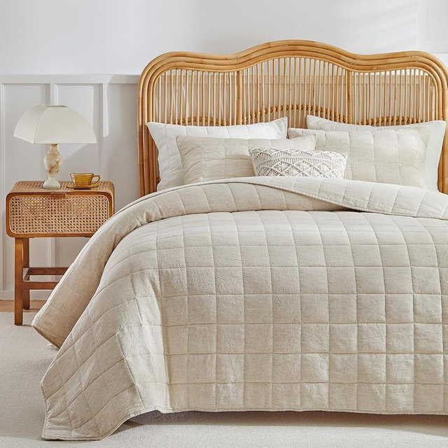 WARMDERN Linen Cotton Quilts Set Queen Size, 100% Cotton Khaki Quilt Bedspreads with Box Stitched, 3 Pieces Soft Lightweight Bedspreads Coverlet with 2 Pillow Shams for All Season, Khaki, 90x96 inches