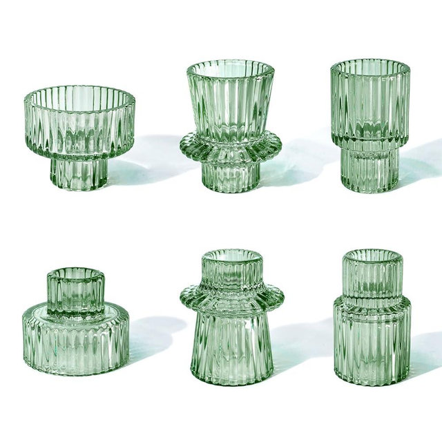 Toptime Candlestick Holders Set of 6, Ribbed Glass Taper Candle Holders, Reversible Green Tealight & Candle Stick Candle Holder Vintage Crystal Tapered Candlestick for Wedding Dinner Party Festival