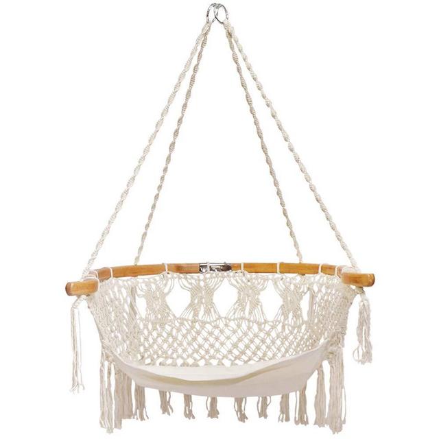 Zupapa Hammock Chair Macrame Swing, Wide Bamboo Back Support Handmade Knitted Hanging Cotton Rope Hammock Swing Chair for Indoor Outdoor Use
