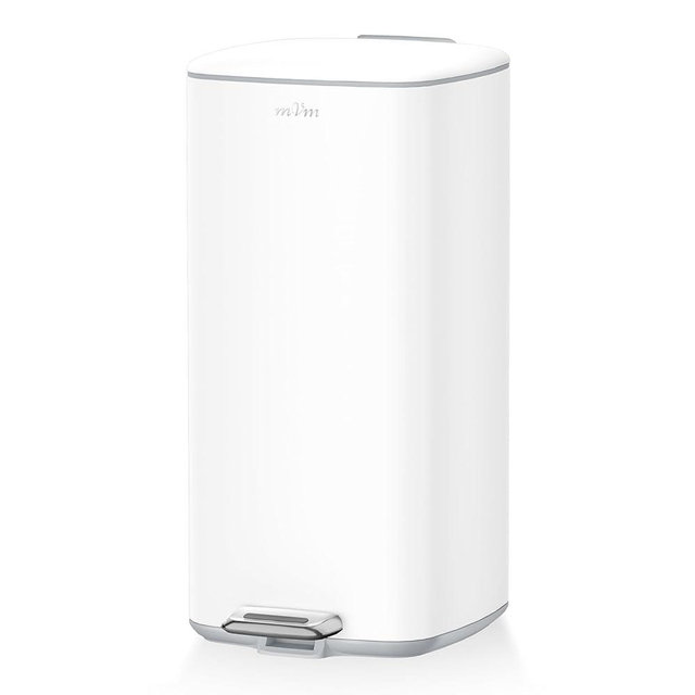 mVm Kitchen Trash Can, 8 Gal White Step Trash Can with Lid, Smooth Square Garbage Bin for Home Office (White)