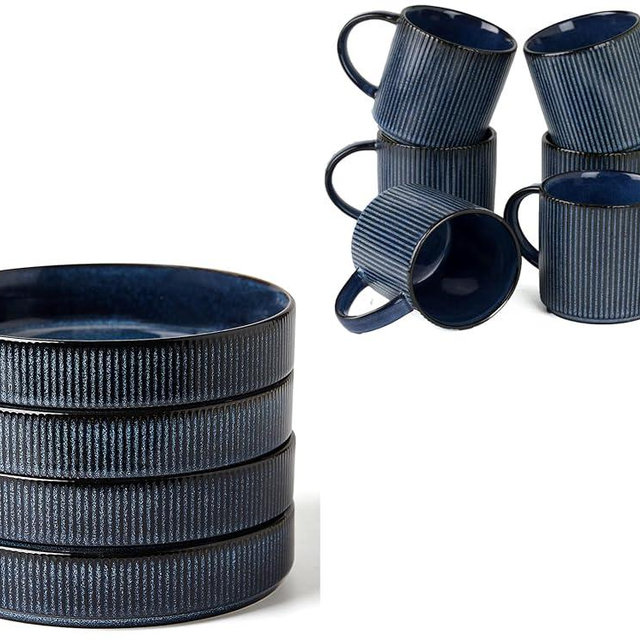 famiware 8.25" Paste Bowl Set (4 Piece) and Coffee Mug Set for 6 (12 oz) - Nebulas Blue