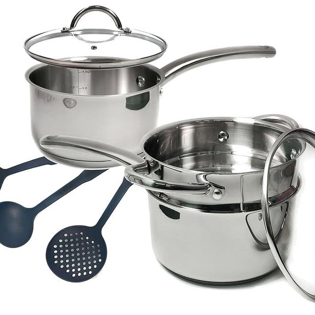 MAGGOPAN Stainless Steel Saucepan Glass Lid Casting Steel handle Induction Impact Bonded 8 PCS Set Steamer
