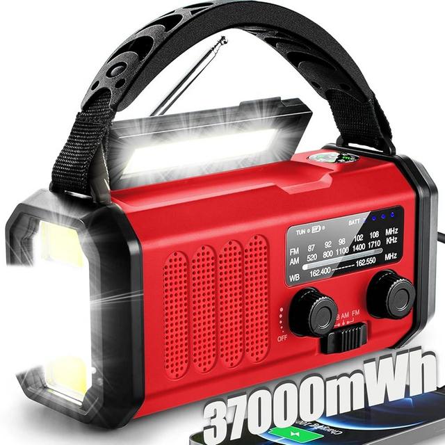 QAUYYW Hand Crank Emergency Radio,37000mWh Solar Powered Portable NOAA AM FM Weather Radio with 3Mode Flashlight and Reading Light,Cell Phone Charger,Home and Emergency Distress Signal (Red)