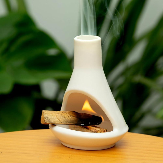MOUGIGI Ceramic Chiminea Palo Santo Holder and Burner - Modern Medieval Incense Candle and Matchstick Mini Chiminea for Wood Sticks and Bulk Incense with Ash Catcher - Zen-Inspired Home Decor Gift