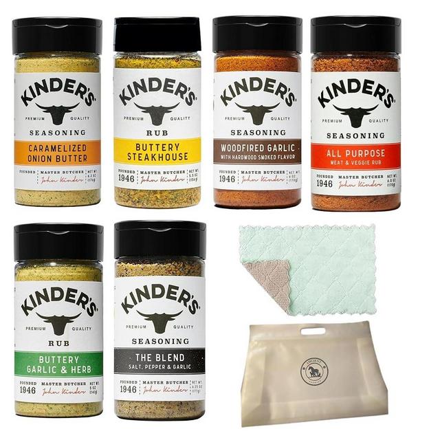 Kinders Seasoning Variety Pack - The Blend, Woodfired Garlic, Buttery Steakhouse, All Purpose, Buttery Garlic And Herb, Caramelized Onion Butter Bundled With Food Pouch And Microfiber Wash Cloth By AMCIENT.