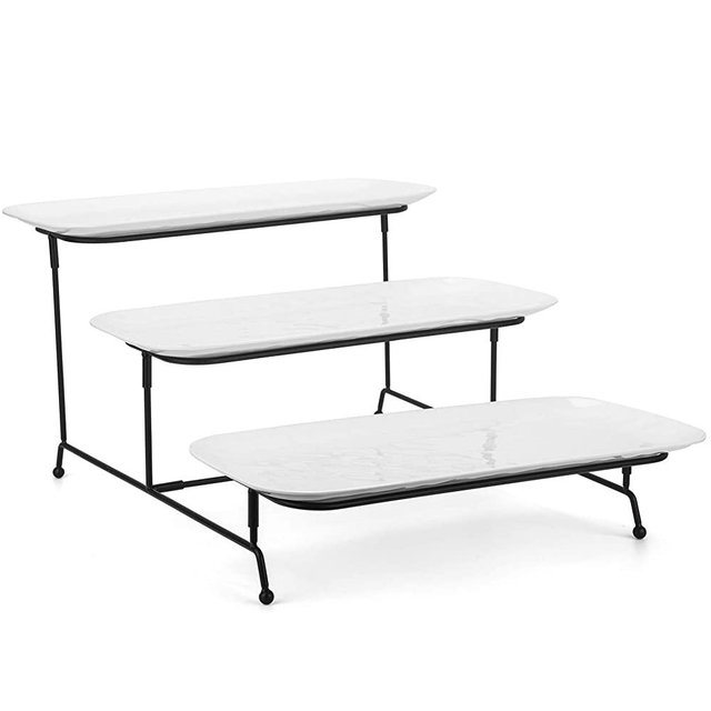3 Tiered Serving Platter, 3-piece 14.75" Melamine Tray and Tier Rack, Rectangular Food Display Stand with White Melamine Platters - Serving Trays for Parties