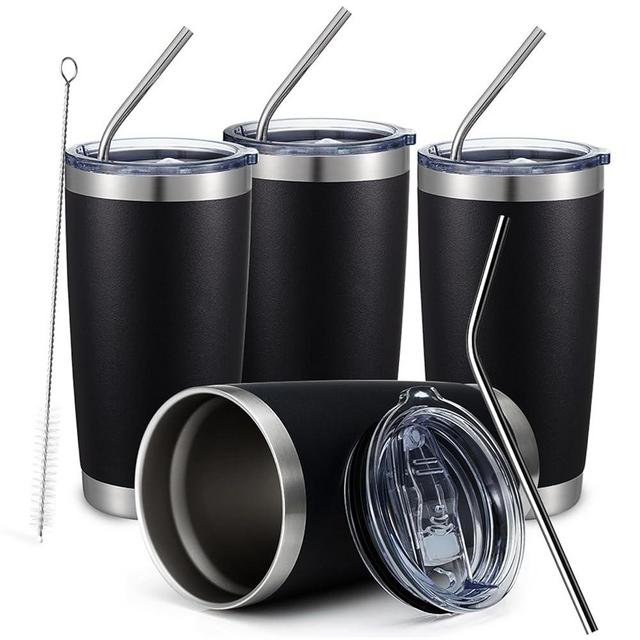 COMOOO 20oz Black Tumbler 4 Pack Stainless Steel Insulated Travel Mug with Lid and Straw Vacuum Double Wall Coffee Cup for Hot Beverage and Cold Drinks(Black, 4 Pack)