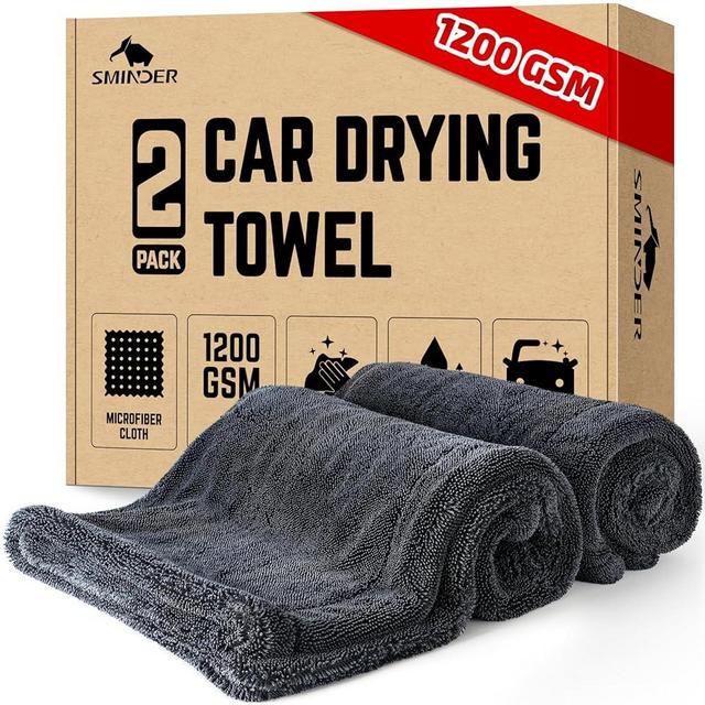SMINDER 2-Pack 1200 GSM Car Drying Towels – Microfiber Towels for Cars (36" x 24"), Ultra-Absorbent, Streak-Free, Scratch-Free, No Water Spots, Double-Twist Pile & Edgeless Design