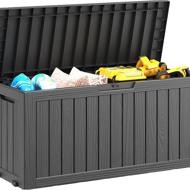 NUNU LAB 75 Gallon Outdoor Storage Box,Large Resin Sturdy Deck Box, Backyard Outside Storage Box Waterproof with Double Wall Panels,Package Delivery Garden Hose Storage Bin Outdoor Tool